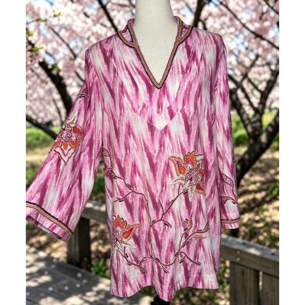 Soft Surroundings Women's Medium Pink Embroidered Beaded Tunic sz M cottagecore